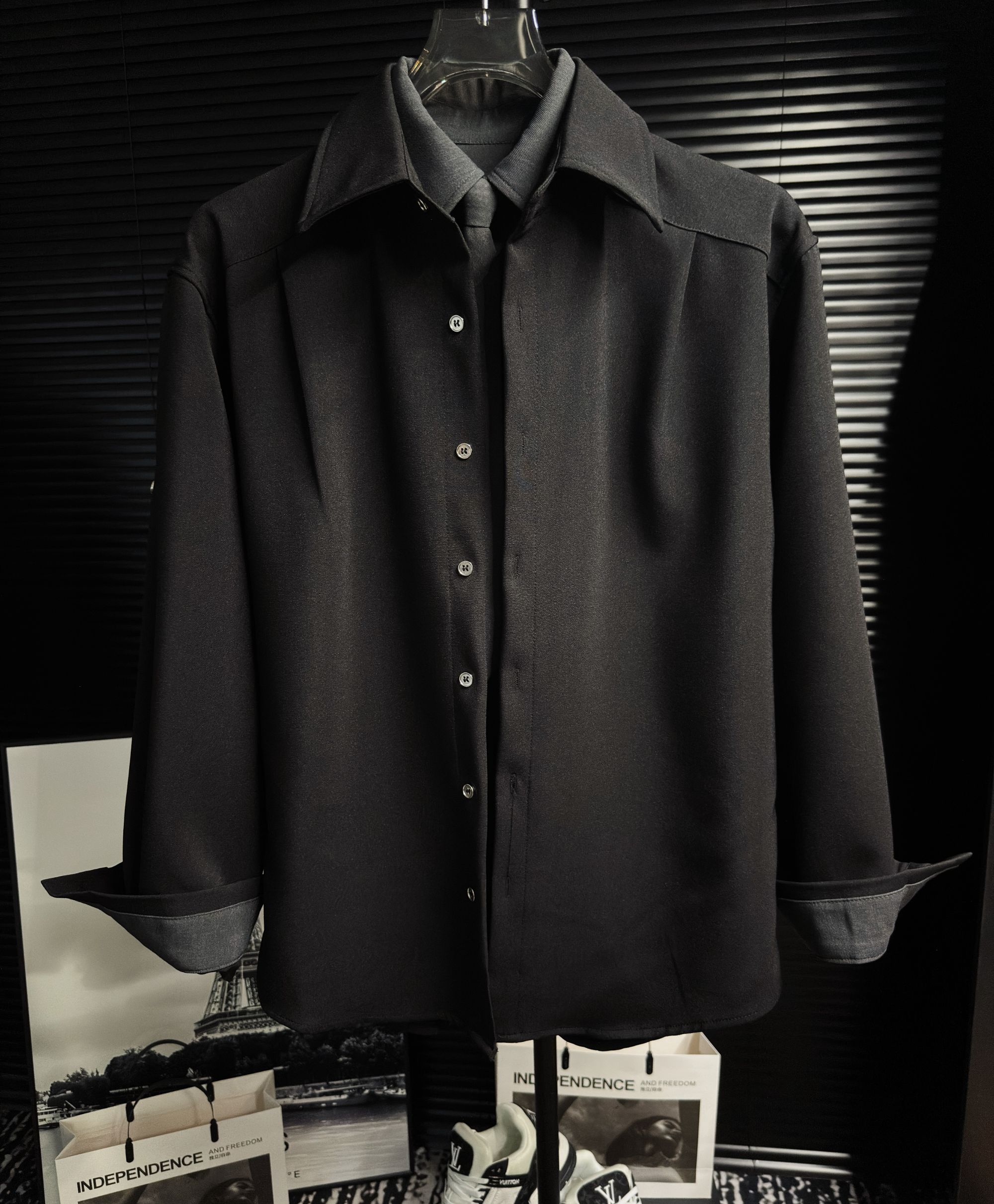 早秋新品美式假两件拼接领带设计衬衫极简风宽松百搭上衣外套