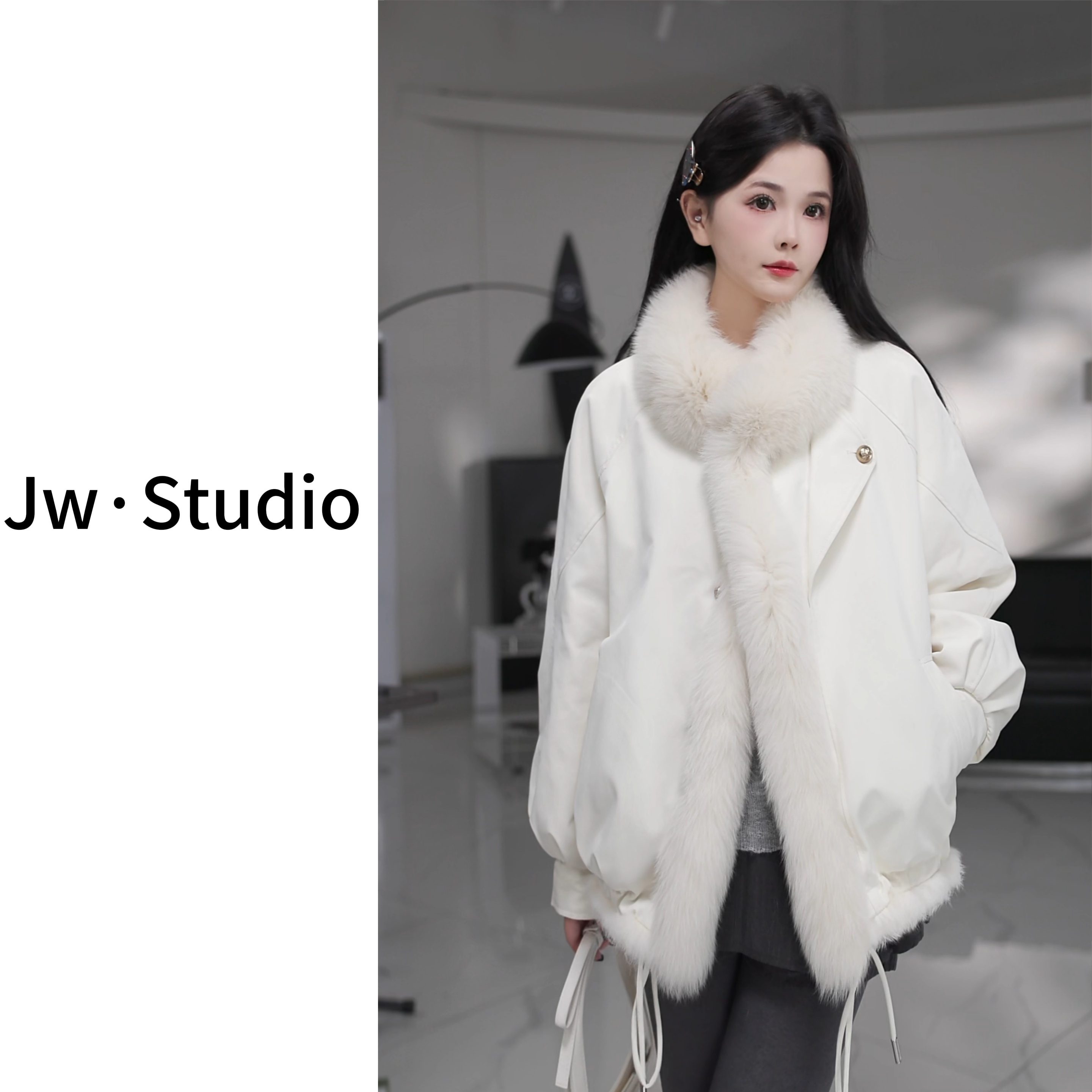 【白月光】芬兰狐狸毛领双面穿兔皮毛一体皮草外套韩版时尚保暖女装