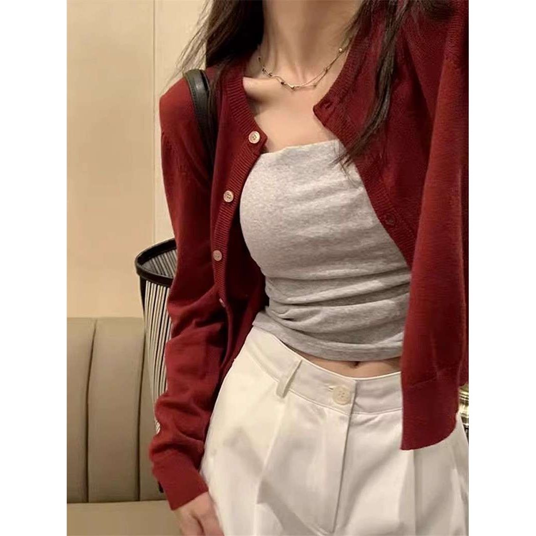 红色针织开衫早初秋女装新款2025外搭短款毛衣外套长袖上衣打底衫