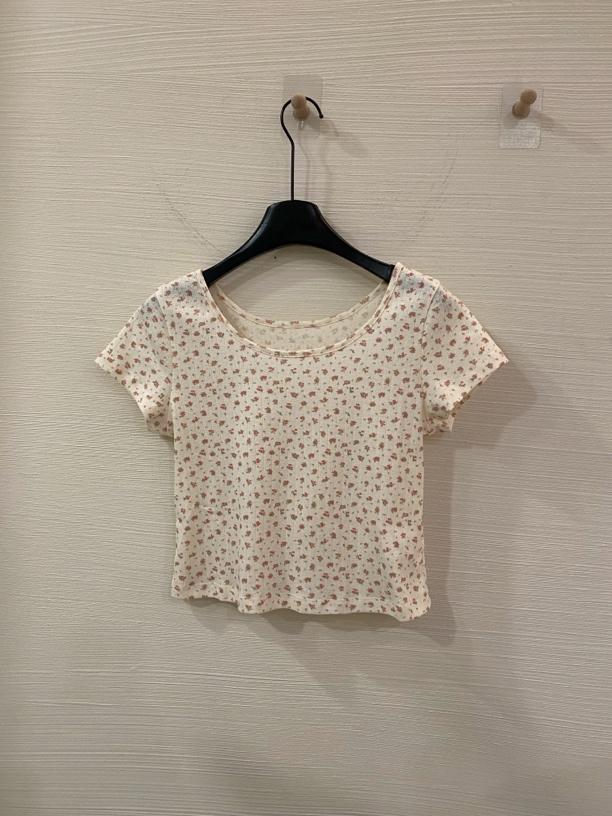 10251碎花韩版T恤方领简约通勤短款百搭短袖