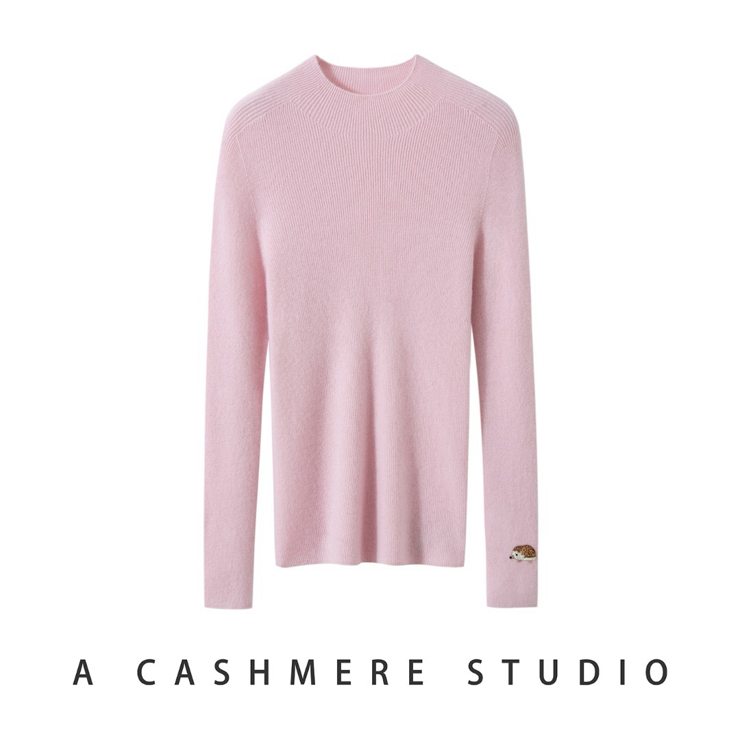 100纯山羊绒半高领无缝抽条修身刺绣女士羊绒衫长袖毛衣nsc296