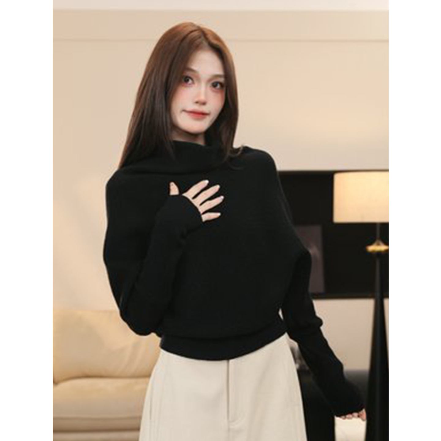 尔给秋冬半高领时尚蝙蝠袖针织衫毛衣女新款高级感慵懒风长袖上衣