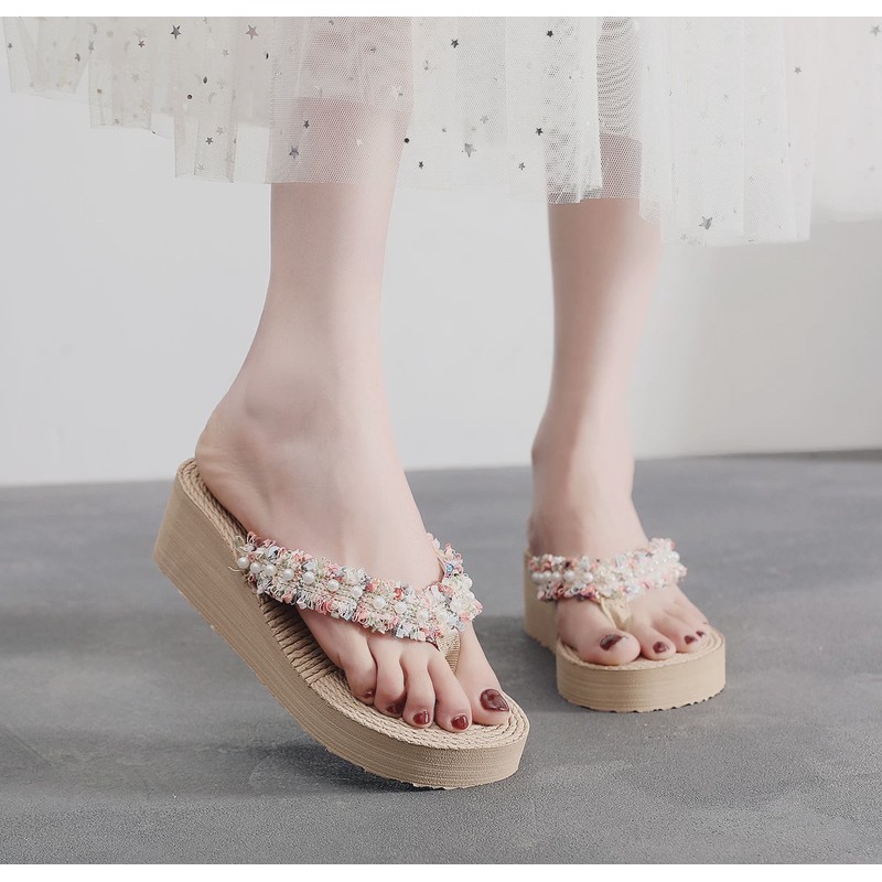 编织凉拖鞋女夏外穿坡跟厚底夹脚民族风人字拖女时尚泰国沙滩鞋子