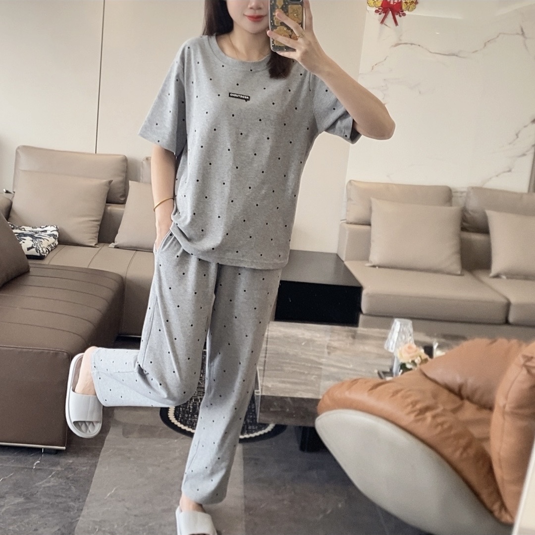 [短袖+长裤+短裤]带胸垫纯棉夏季女士睡衣简约宽松时尚家居服套装