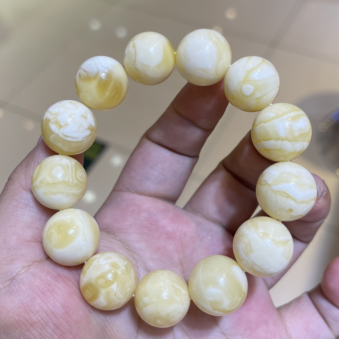 16.8mm瓷白妖纹蜜蜡手串女款男士时尚经典黄色轻奢潮流单圈精美