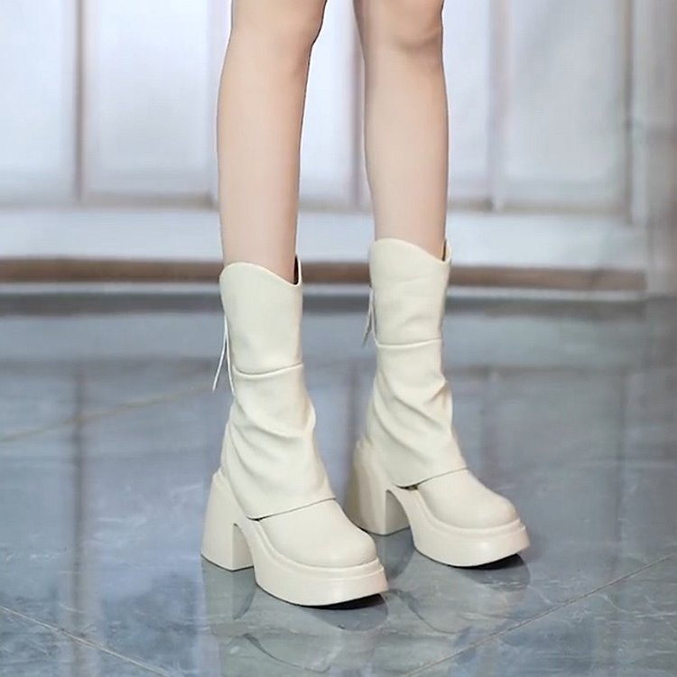 小个子厚底增高短筒瘦瘦靴女2025秋冬新款防水台粗跟拼接款