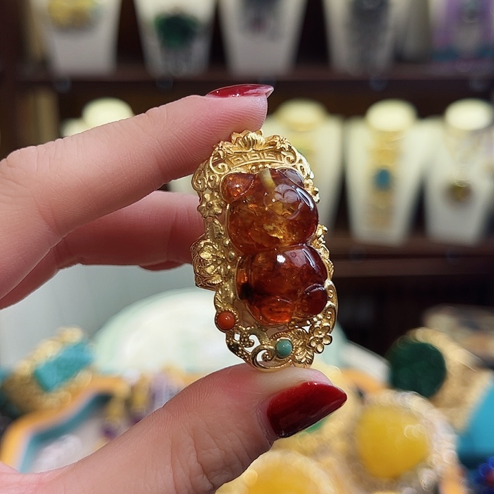 琥珀戒指银S925镶嵌戒指