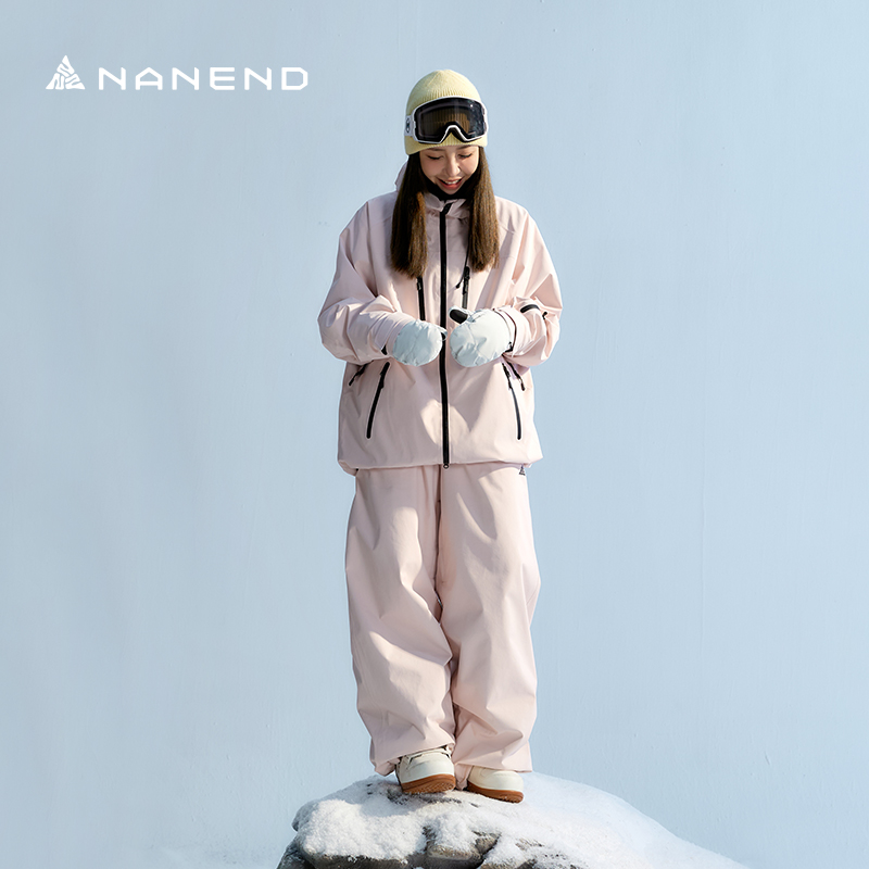 南恩滑雪服套装女2025新款宽松防水单板加厚3L全压胶粉色衣裤套装