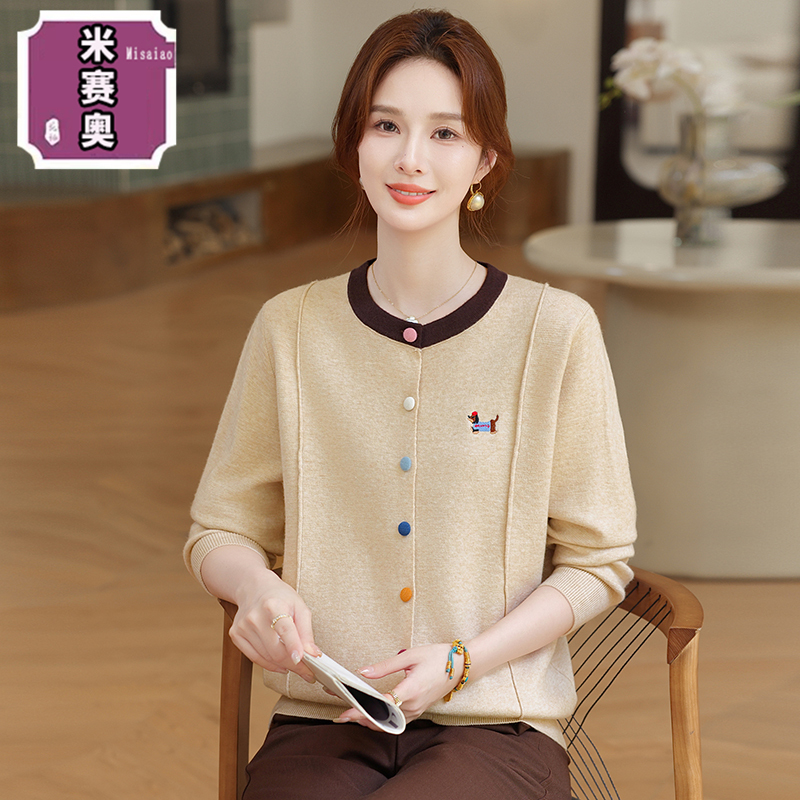 2025新款妈妈秋装圆领针织长袖开衫毛衣中老年女装春秋季宽松外搭