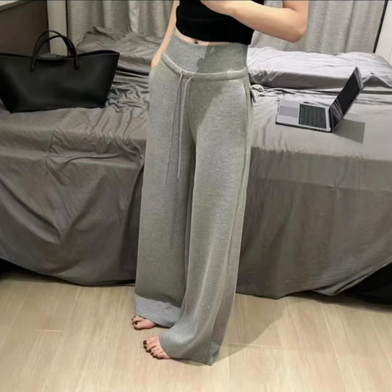 2025秋冬季高腰系带休闲加绒卫裤女显瘦百搭微喇直筒设计感长裤