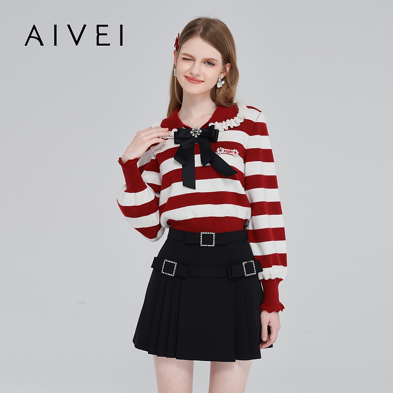 AIVEI欣贺艾薇2023春季新设计感学院风减龄条纹针织上衣Q0160162