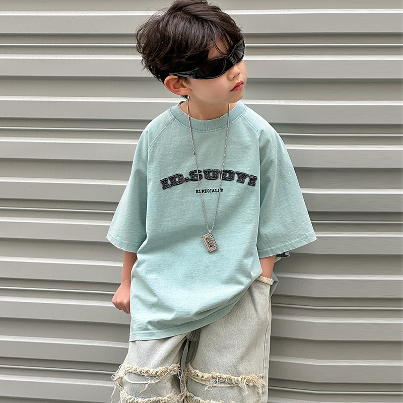 儿童时尚短袖T恤夏装男童2025夏季童装字母印花T恤上衣洋气花绿色