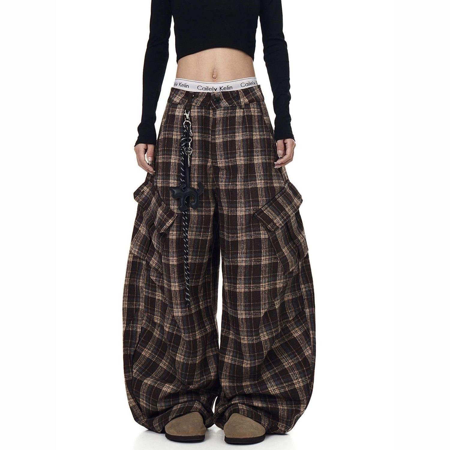 【送挂绳】美式复古慵懒风格子弯刀工装裤男女设计感大口袋阔腿裤