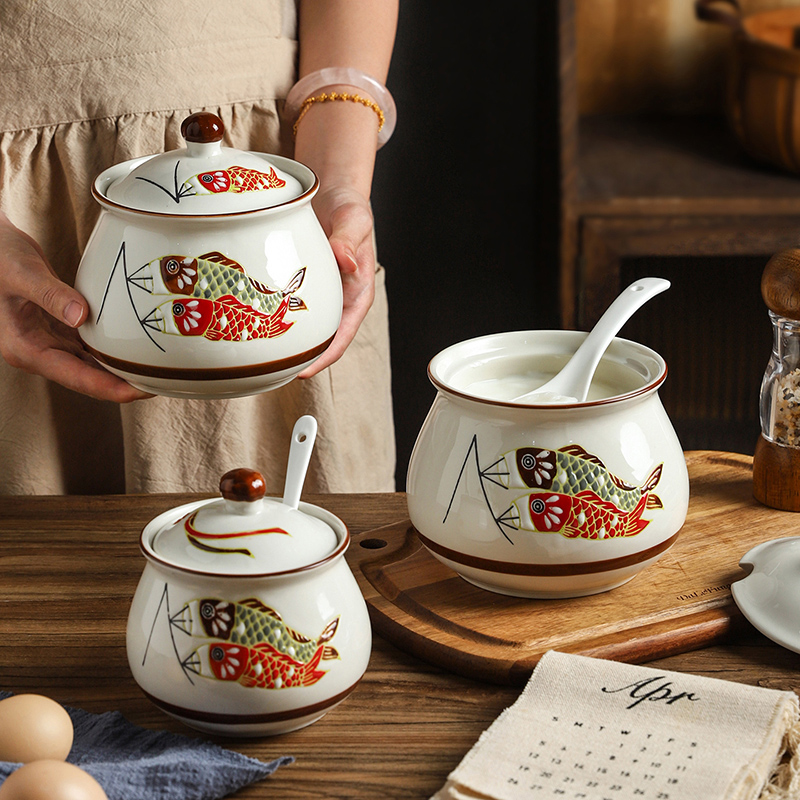 舍里家用耐高温陶瓷猪油罐带盖厨房和风鲤鱼系列陶瓷调料罐