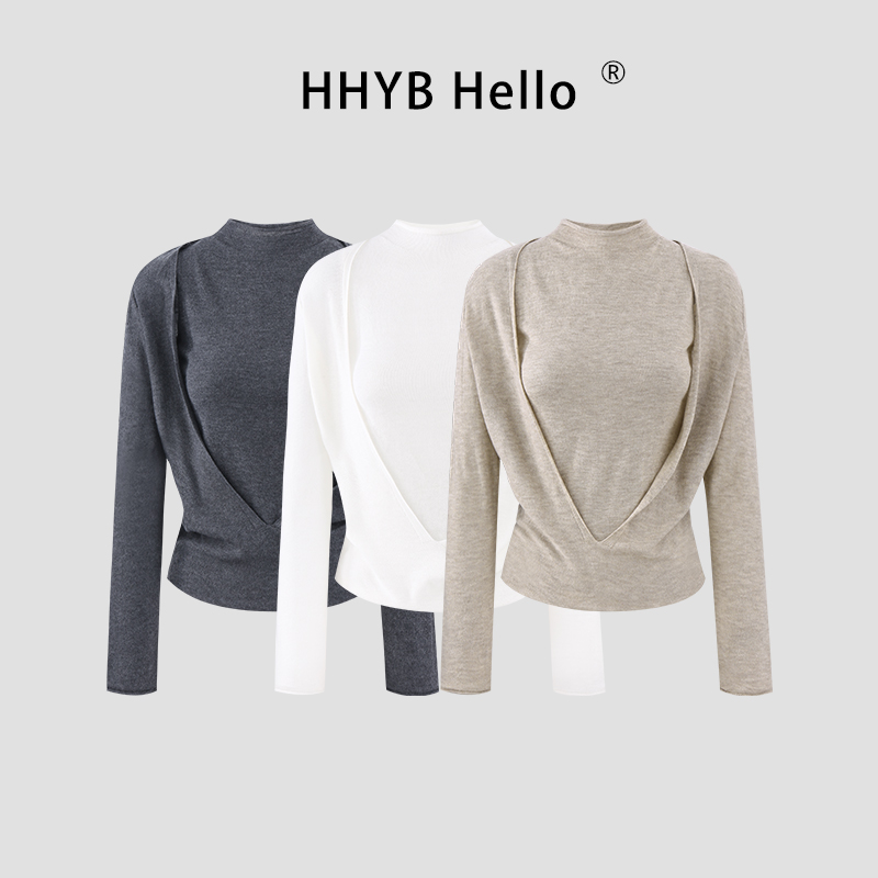 HHYB Hello设计感假两件显瘦气质T恤打底衫长袖收腰保暖修身M1437