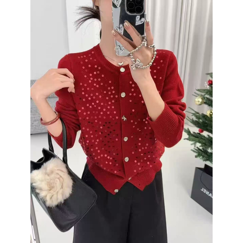 6387亮片软糯圆领开衫毛衣外套女款新款秋冬洋气独特漂亮针织上衣