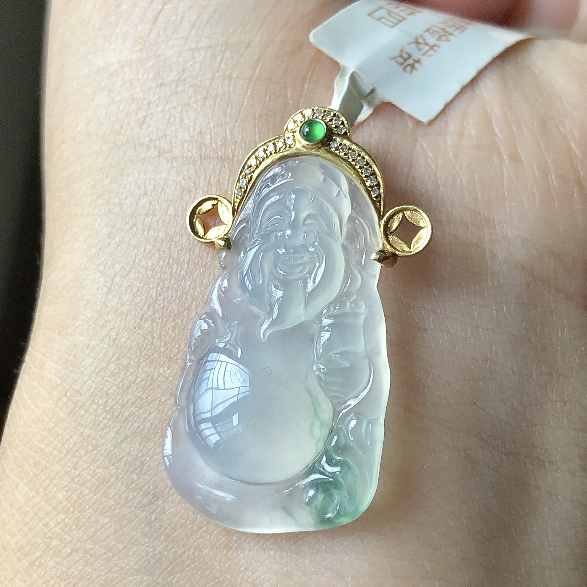 缅甸天然A货翡翠18k金镶嵌老坑冰种财神爷吊坠尺寸31.4/18.7/4