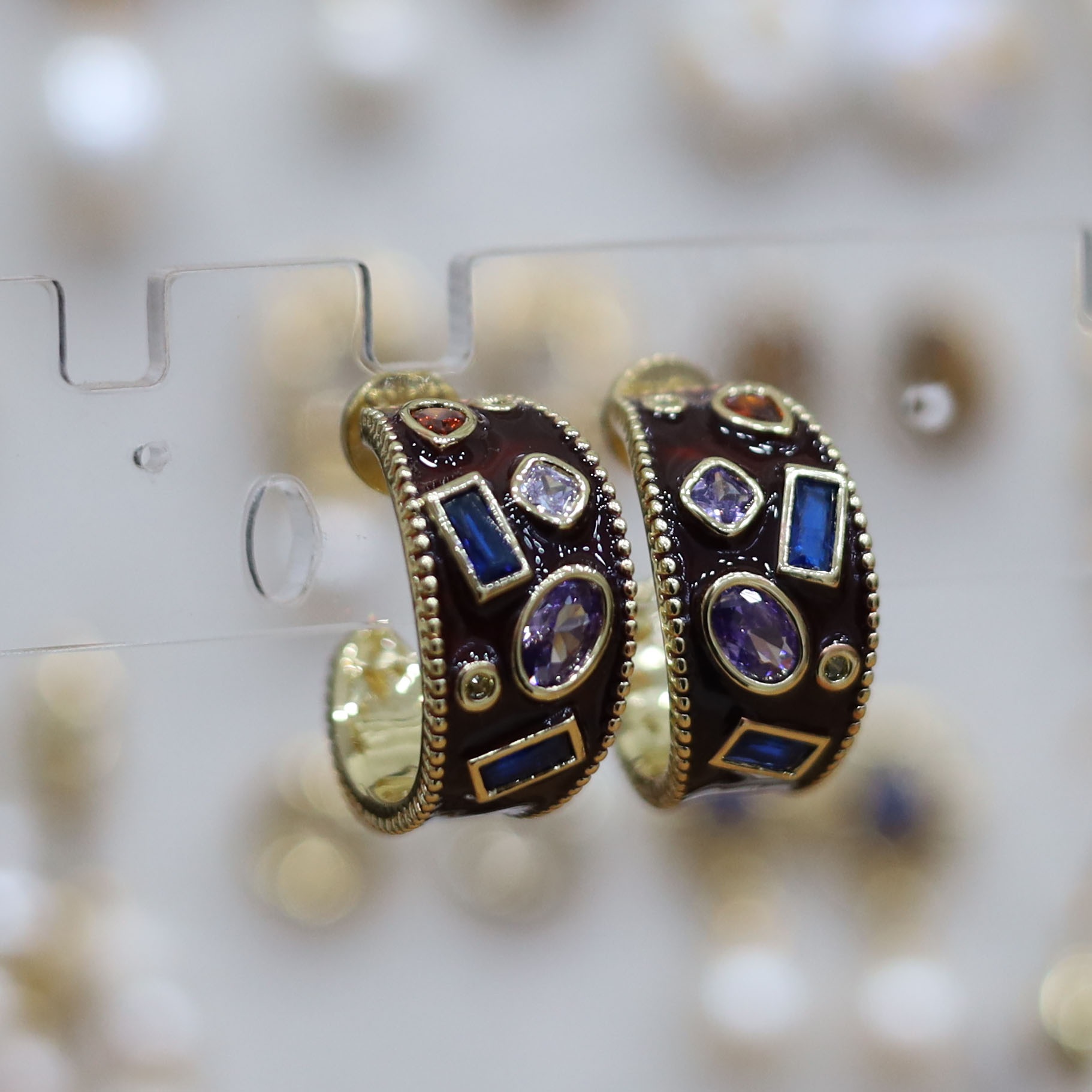 铜合金锆石耳饰 甜酷风欧美风宫廷风耳环精致素款镶嵌彩色百搭