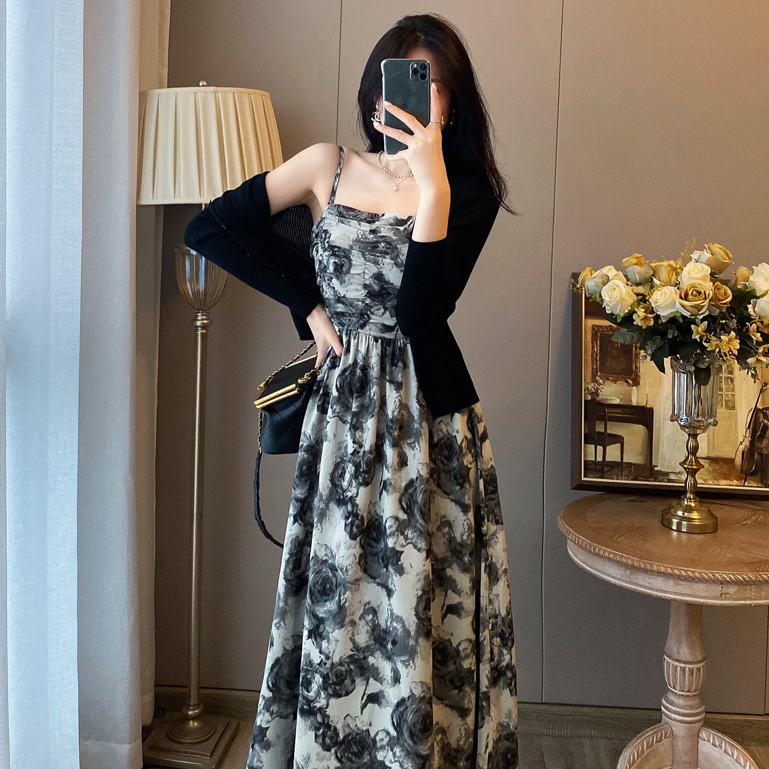 （唯依80-200斤）法式复古水墨碎花抹胸吊带夏设计感气质收腰裙1512