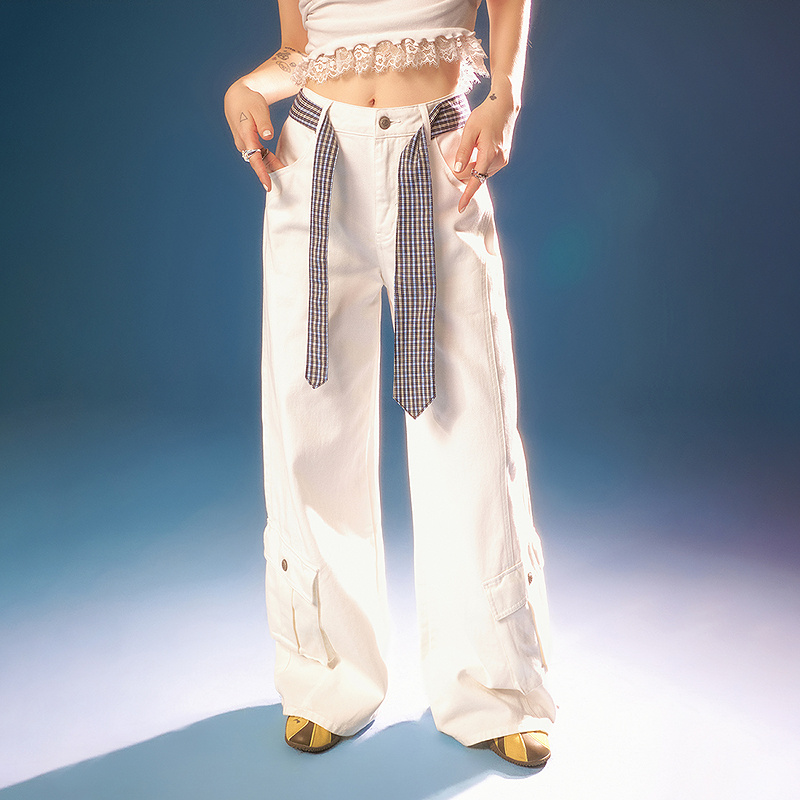 CHUU春季女装格纹领带腰带小设计阔腿工装风百搭阔腿休闲裤