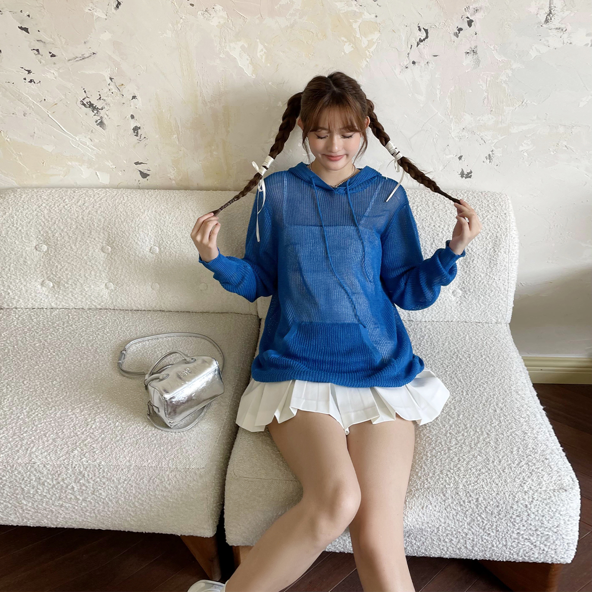 晶咕白标~冰麻长袖连帽防晒套头针织罩衫女夏季大码宽松上衣