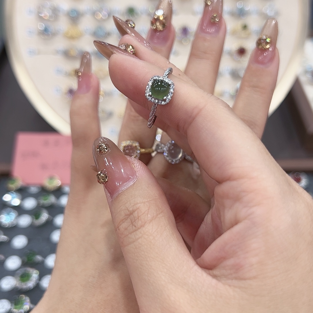 蛇纹石玉戒指银S925镶嵌嗯*