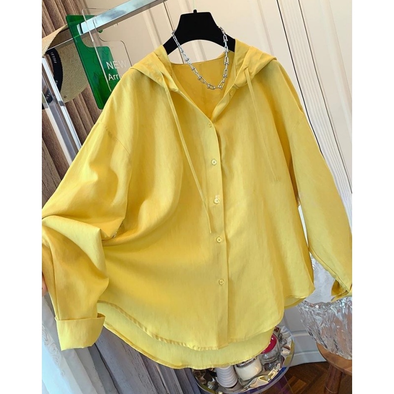 P0137时尚高级感气质黄色蓝色连帽衬衫防晒衫宽松上衣女装夏新款