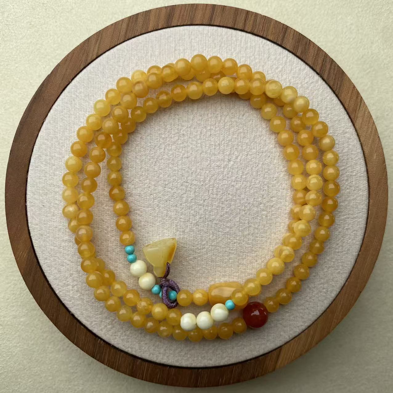 原矿俄料小米珠鸡油黄蜜蜡三圈手链S033D