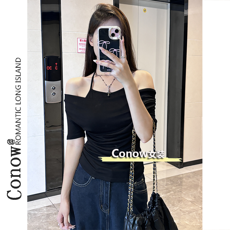 挂脖假两件气质上衣荡领纯欲风夏季新款设计感修身短袖女T恤