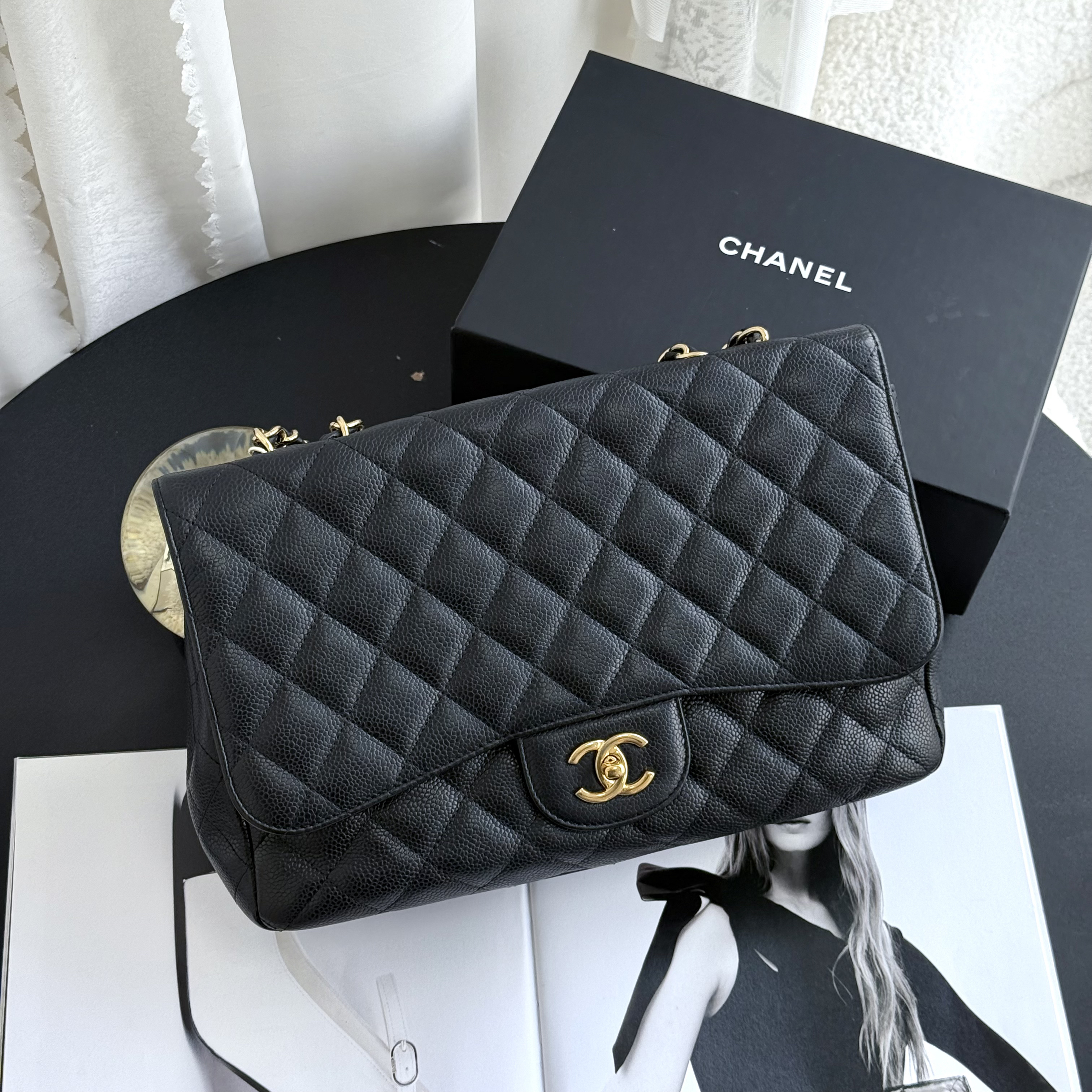 95新 Chanel/香奈儿 香奈儿黑金荔枝皮cf单盖jumbo斜挎包 13开