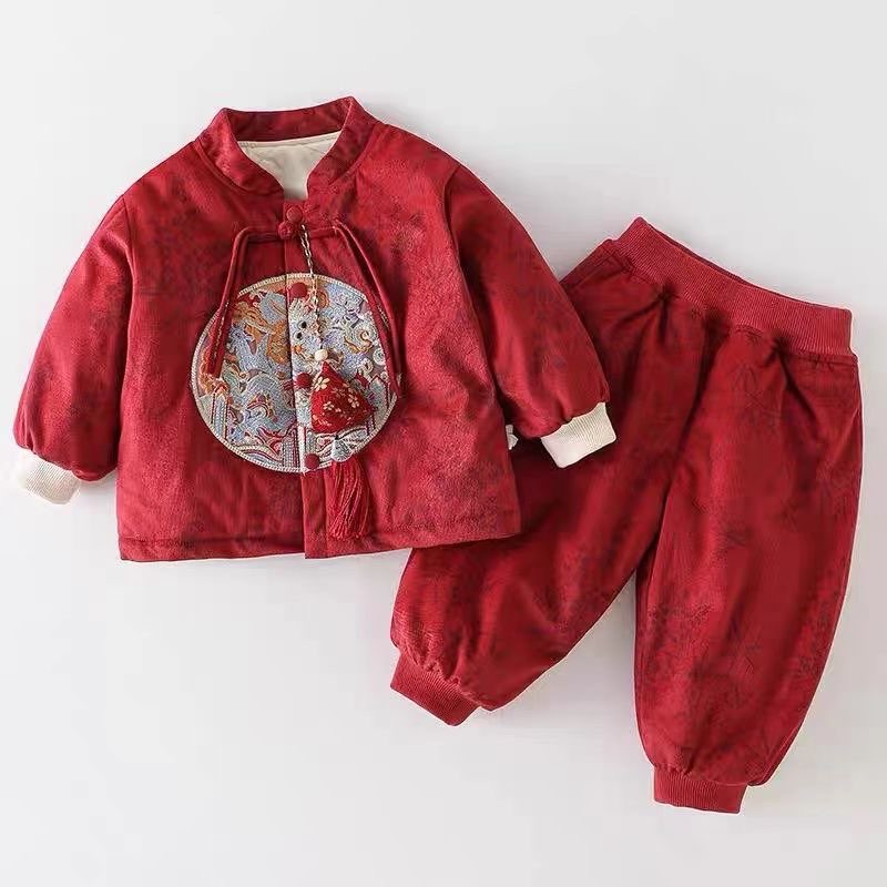宝宝冬季红色喜庆套装婴儿分体中式抓周周岁礼服儿童夹棉加绒套装