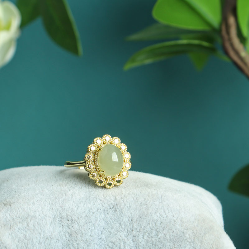 B30010天然和田碧玉蛋面镶嵌男女戒指简约复古活口 小清新女戒