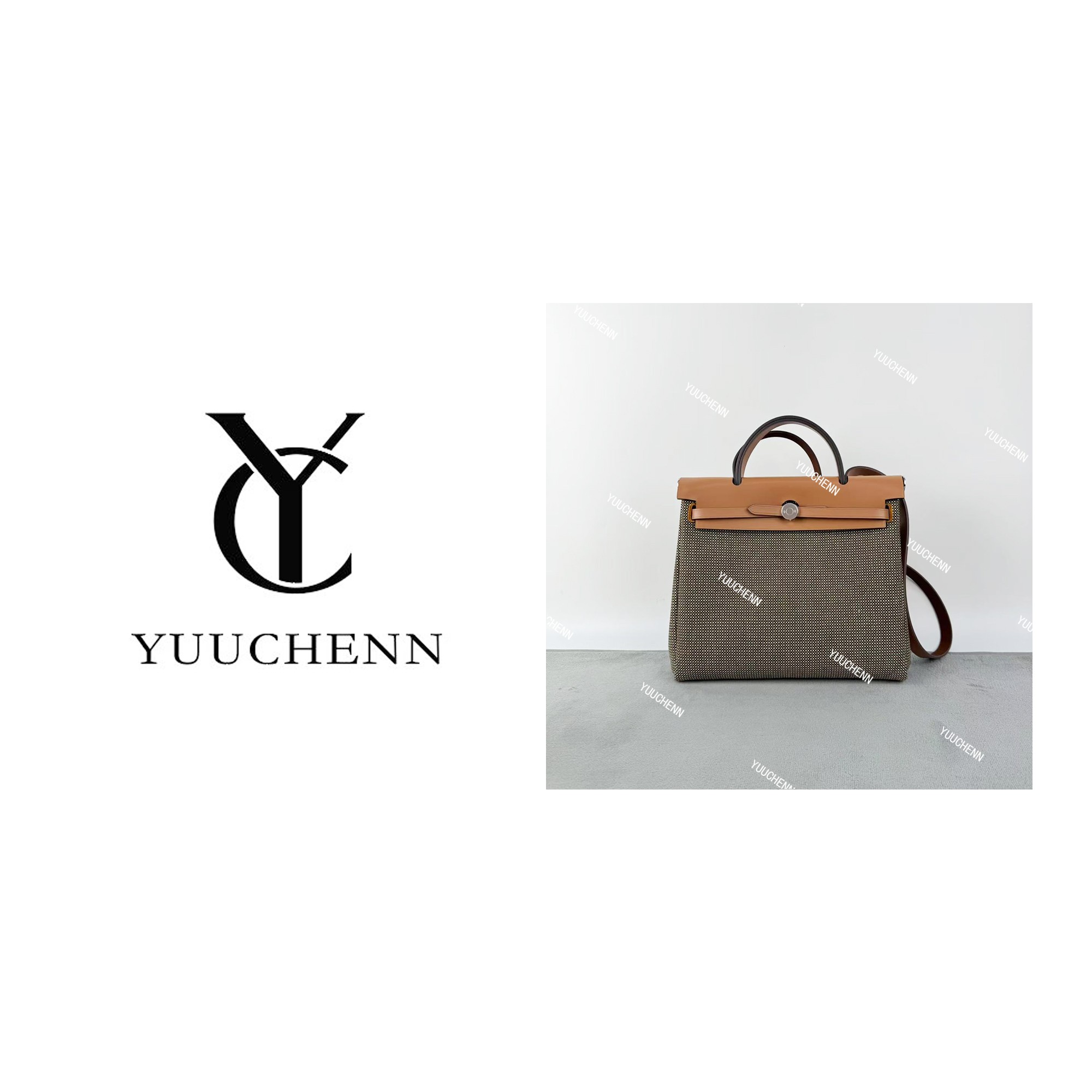 YUUCHENN【herbag】亚麻布拼树膏皮31cm原创设计高定真皮包 HH6442