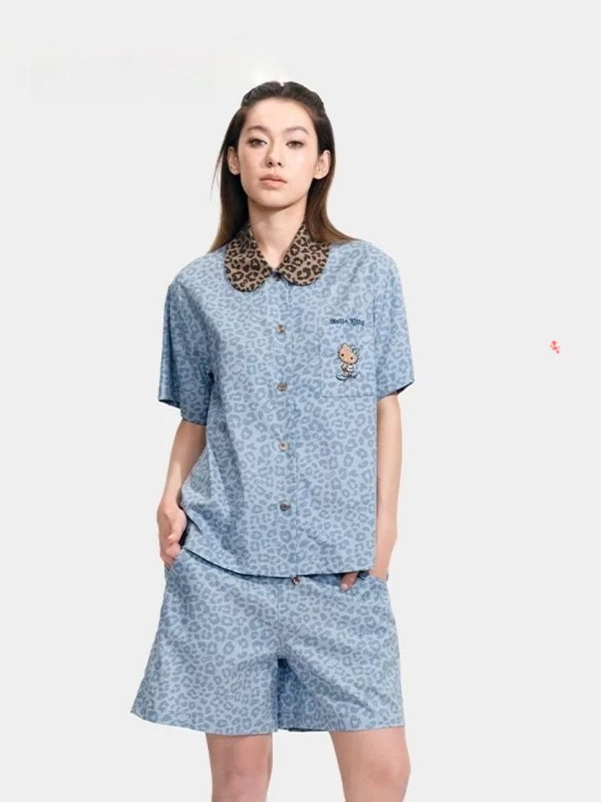 【野SP-黑皮Hello kitty 】潮牌豹纹天丝棉可外穿居家服套装