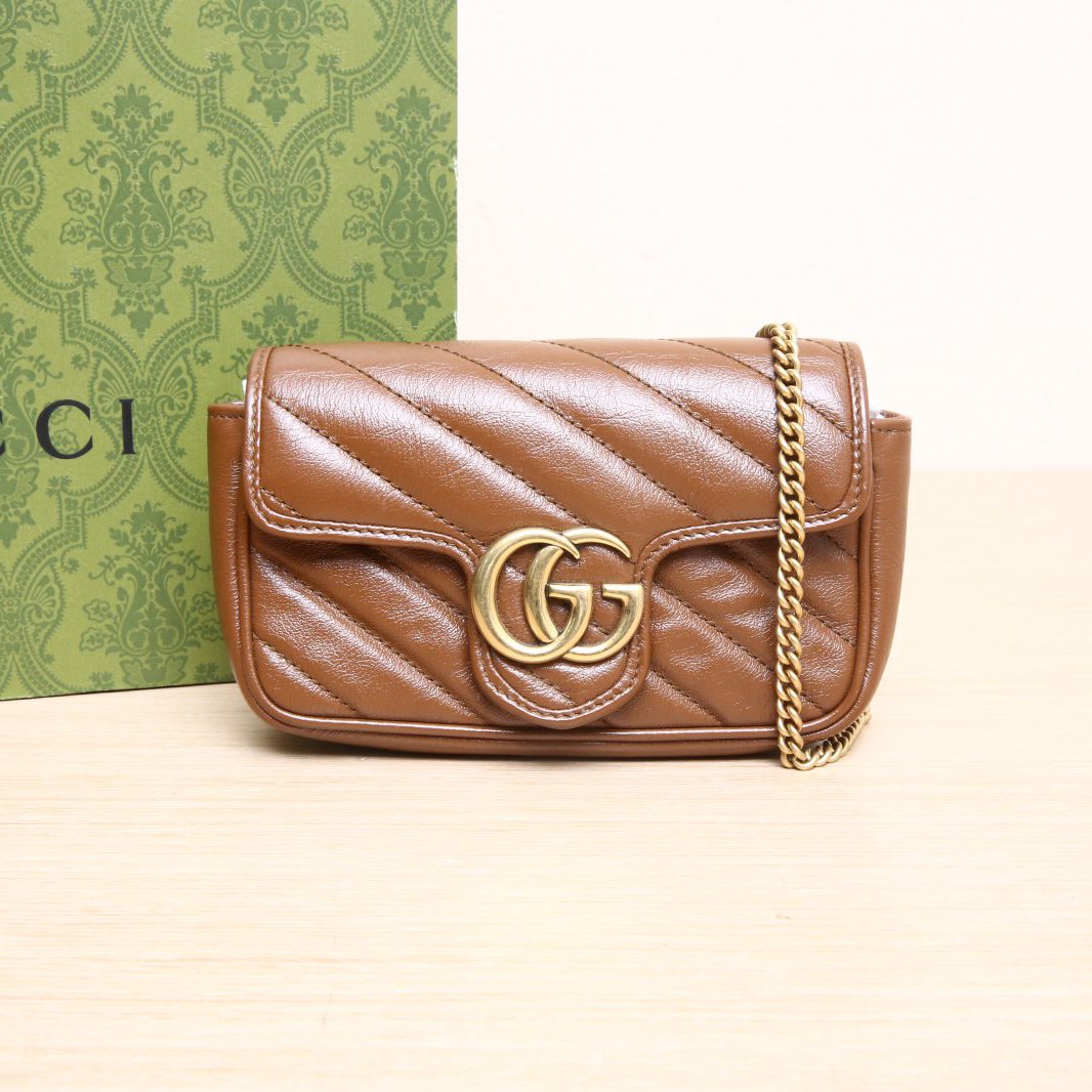 95新 GUCCI/古驰 黑黑精选227240GG Marmont 肩背包 超Mini 焦糖 