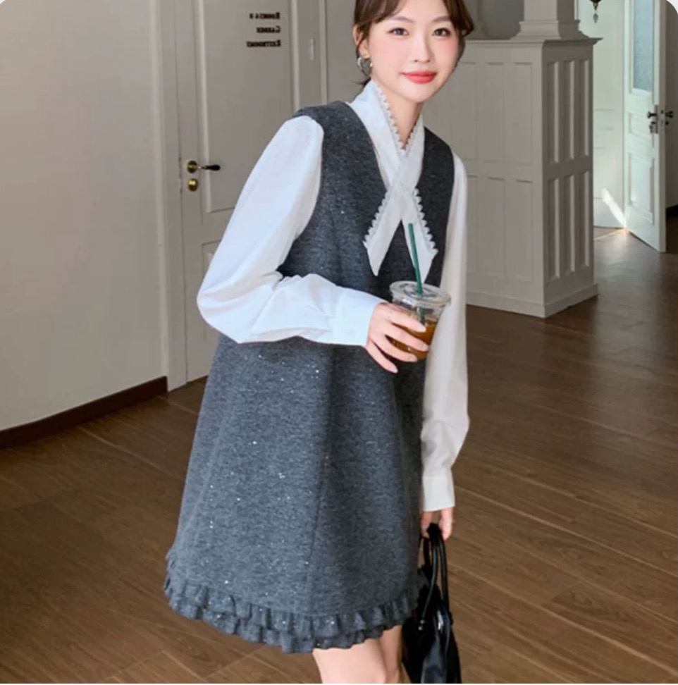 法式灰色小香风背心裙气质衬衫叠穿两件套网红韩版高贵气质时尚