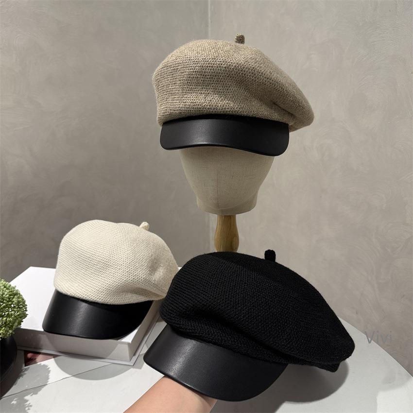 秋冬新款皮檐侧压针织鸭舌帽子女秋冬韩版日系显脸小画家报童帽潮