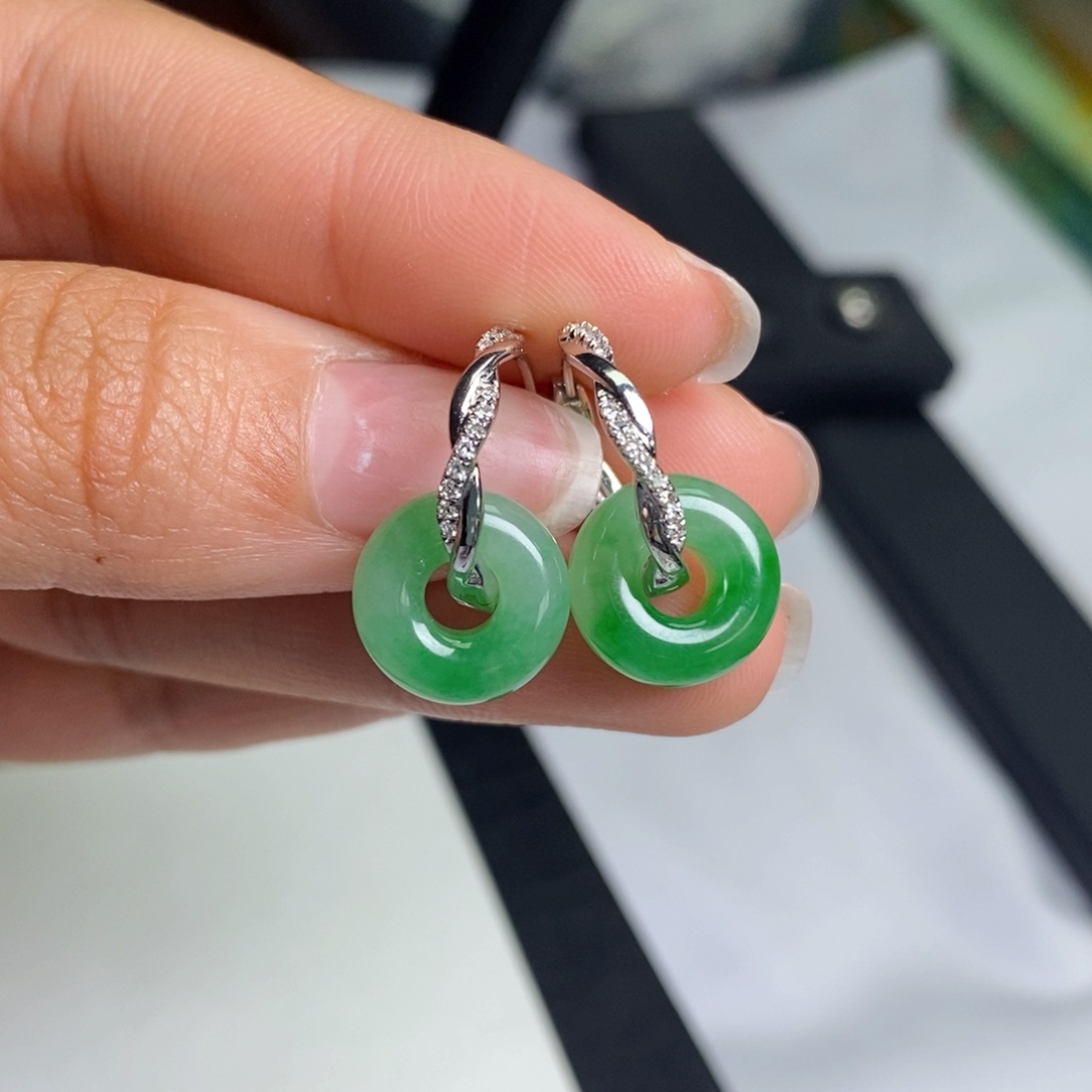 翡翠耳饰18K金镶嵌设计款麻花耳包➕面包圈