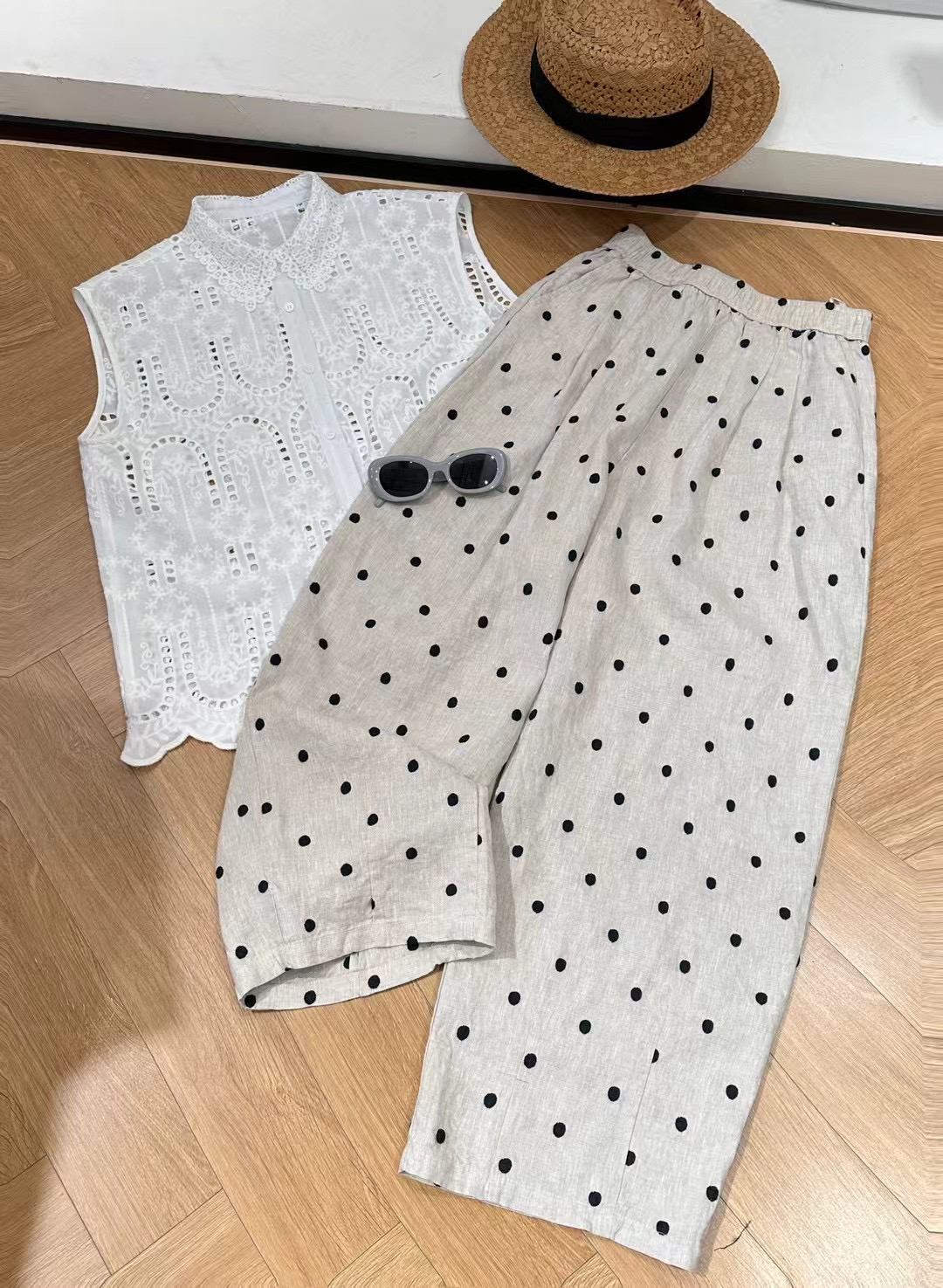 夏季刺绣波点显瘦阔腿直筒休闲女裤