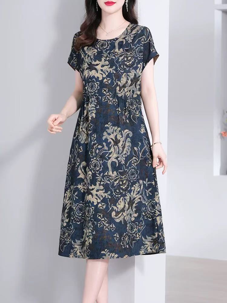 【青花粢】中长裙短袖挂脖连衣裙旗袍A字裙圆领中老年夏季妈妈装