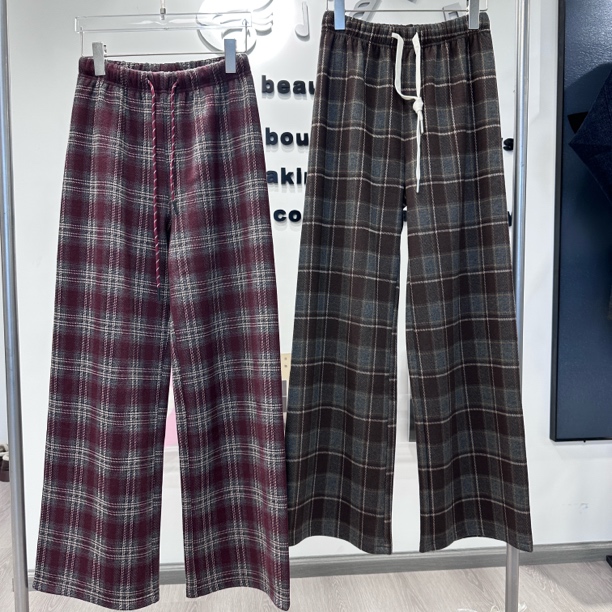 君家双色格子加绒直筒裤