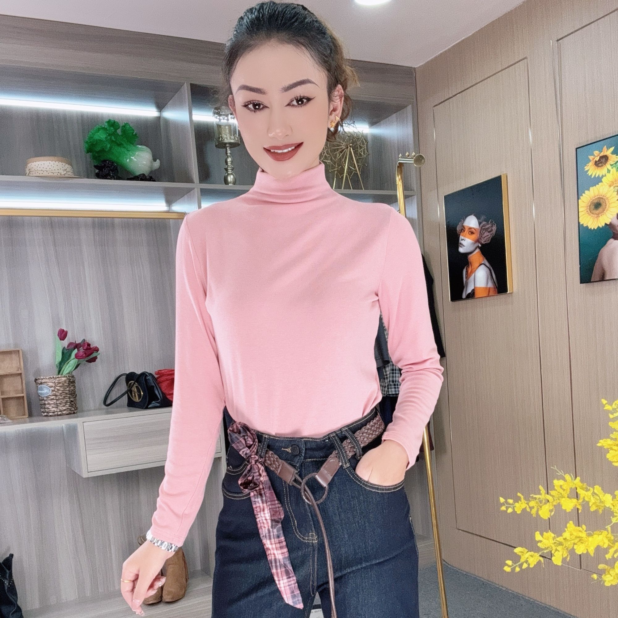 时尚百搭修身长袖半高领秋冬2921款打底