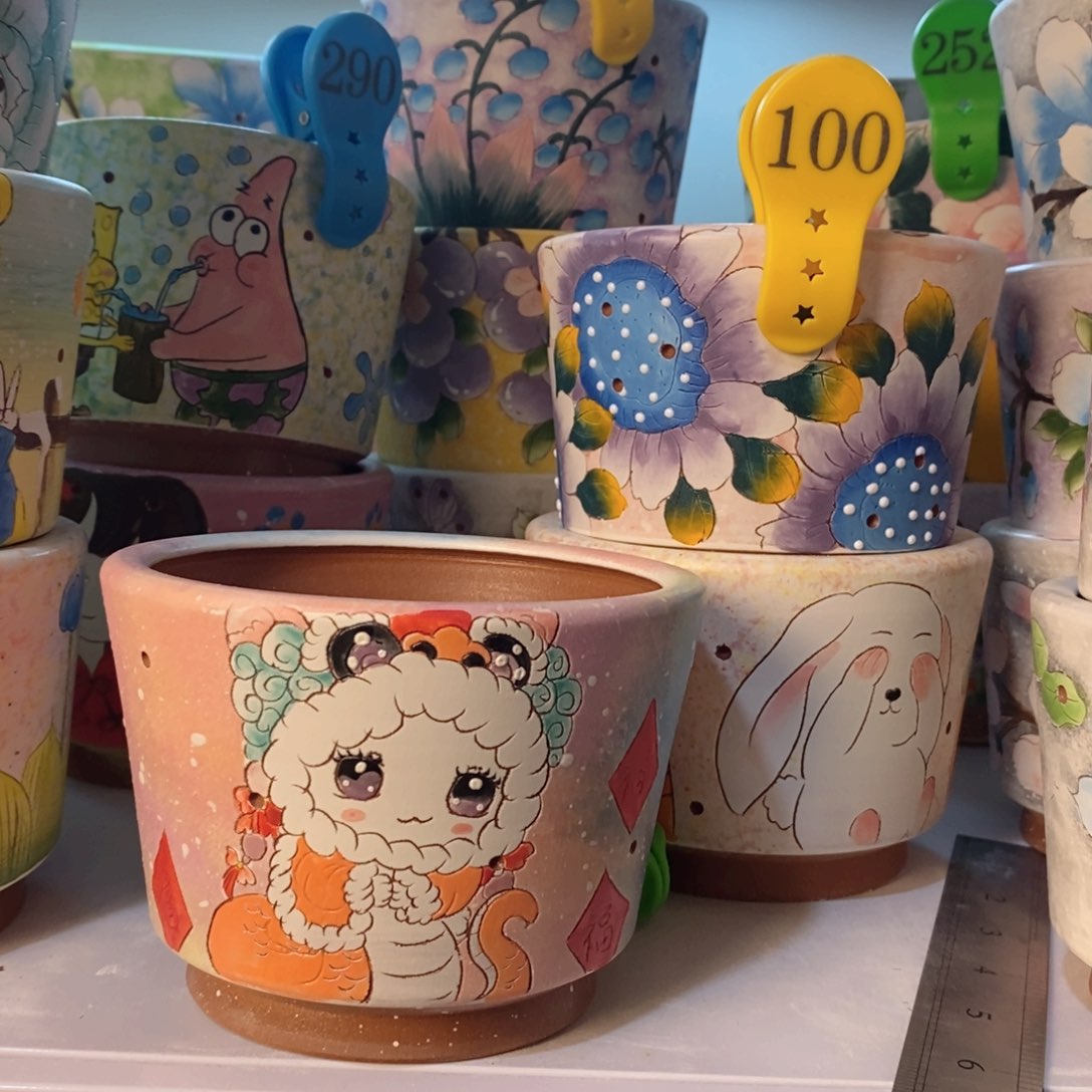 紫砂花盆红陶手绘花盆