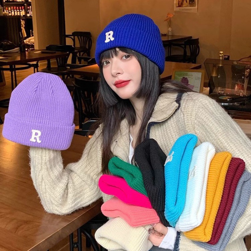 韩版秋冬季字母R标毛线帽男女同款简约百搭针织帽防寒保暖套头帽