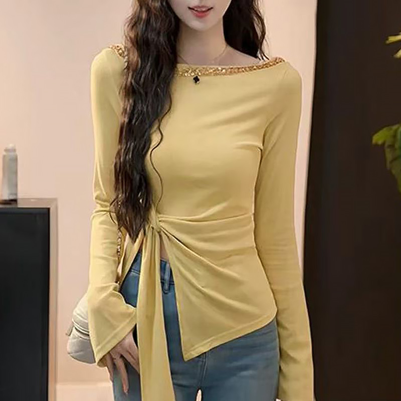 2025秋季新款设计感修身显瘦纯欲风打底衫不规则长袖针织衫女