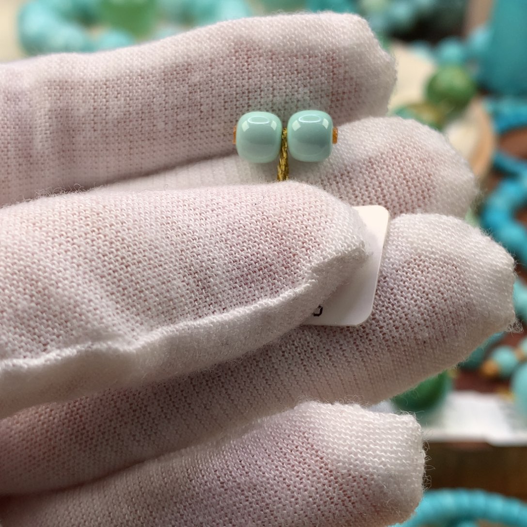 绿松石未镶嵌珠宝奇石菜籽绿老型对珠5.8mm