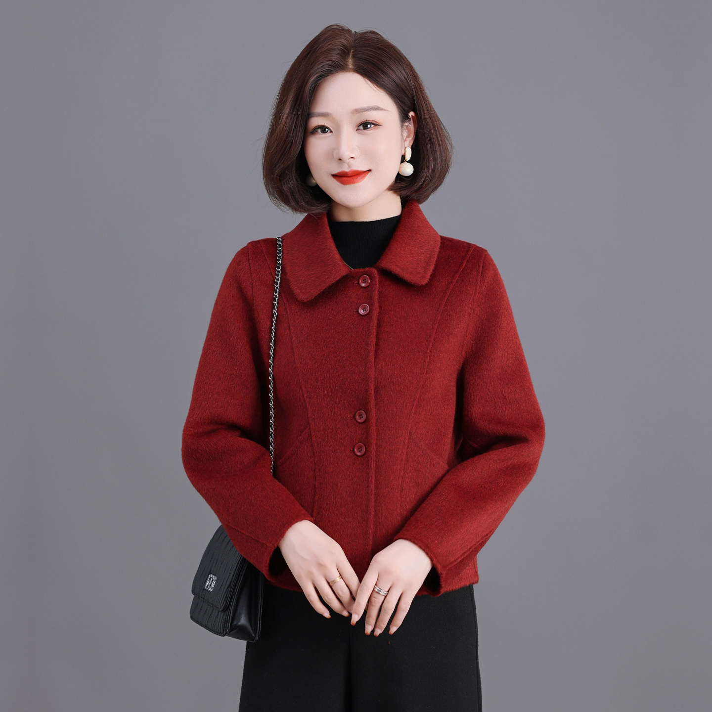100%纯羊毛秋冬短款时尚女士外套中老年妈妈双面羊毛大衣毛呢外套