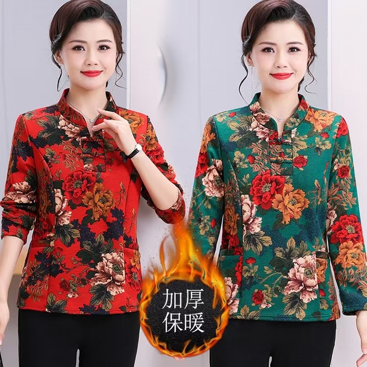 秋冬加绒保暖旗袍领套头中老年妈妈装直插民族上衣40-50岁婆婆