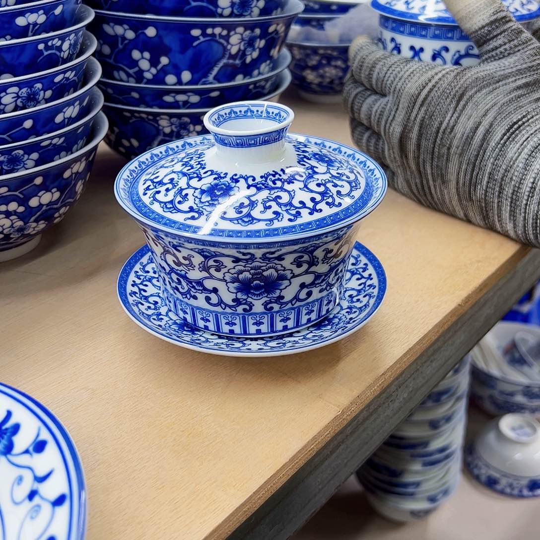 瓷片如意牡丹三才盖碗1套，，，，