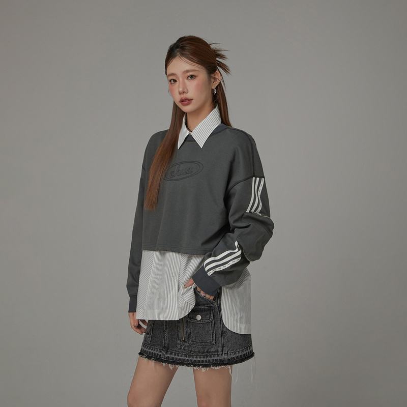 C012【金拐子专属】CHUU字母刺绣设计明线撞色长袖套头卫衣-F